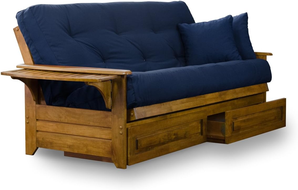 Nirvana Futons Brentwood Tray Arm Futon Frame, Drawers, and Navy Blue Mattress Set - Full, Rich Heritage Finish