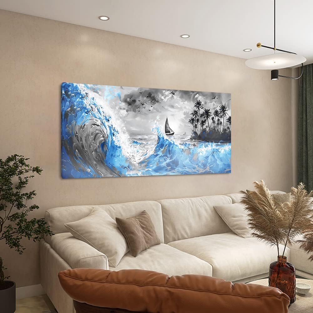 Piy Painting Blue Waves and Sailboat On Black and White Background Wall Art Decor Artwork for Living Room (30x60 Inches)