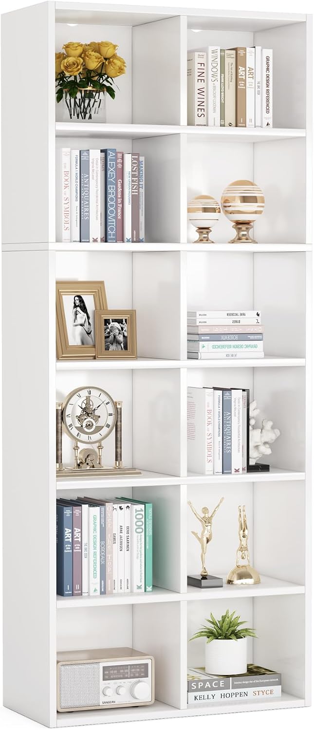 Tribesigns 71.65 Inch Tall Narrow Bookcase Bookshelf, White Modern Bookcase with 12 Cube Storage for Home Office, Vertical or Horizontal