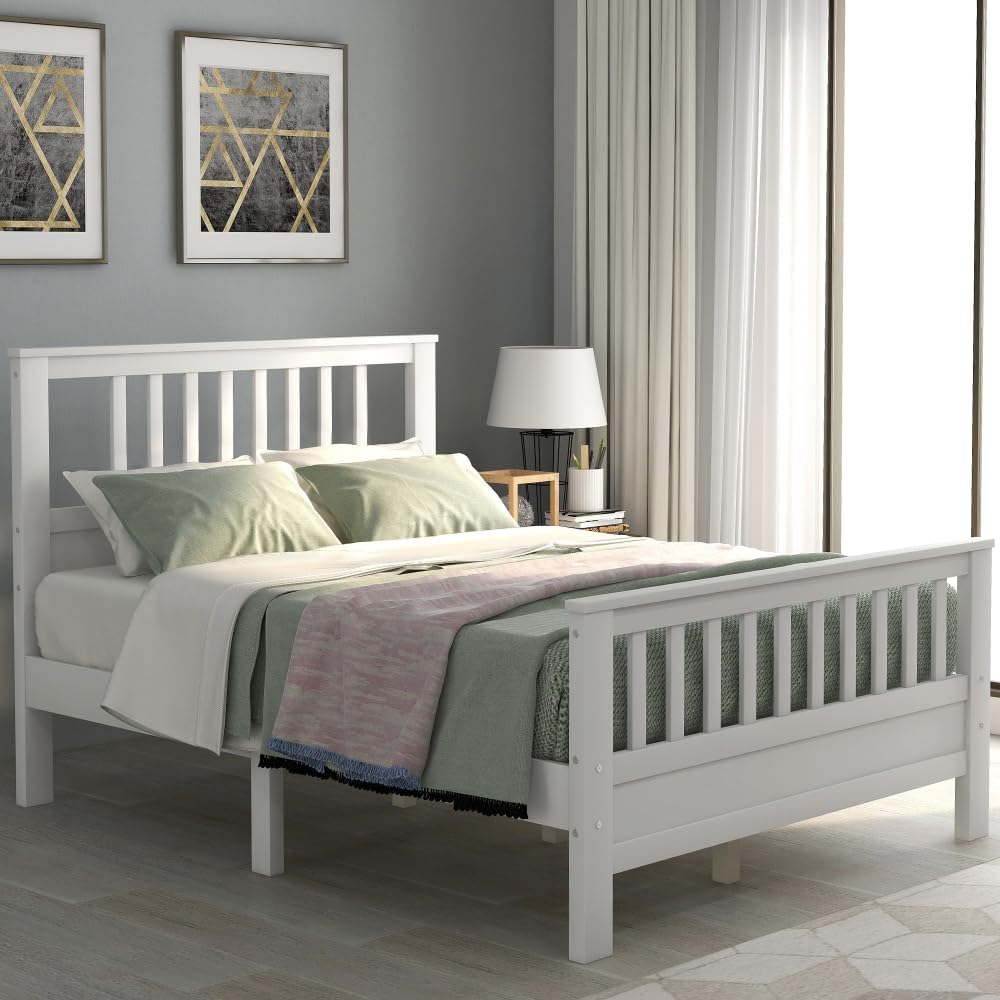 Solid Wood Platform Bed Frame with Integrated Headboard and Footboard for Supportive, Minimalist Bedroom Setup (White + Pine + Full)