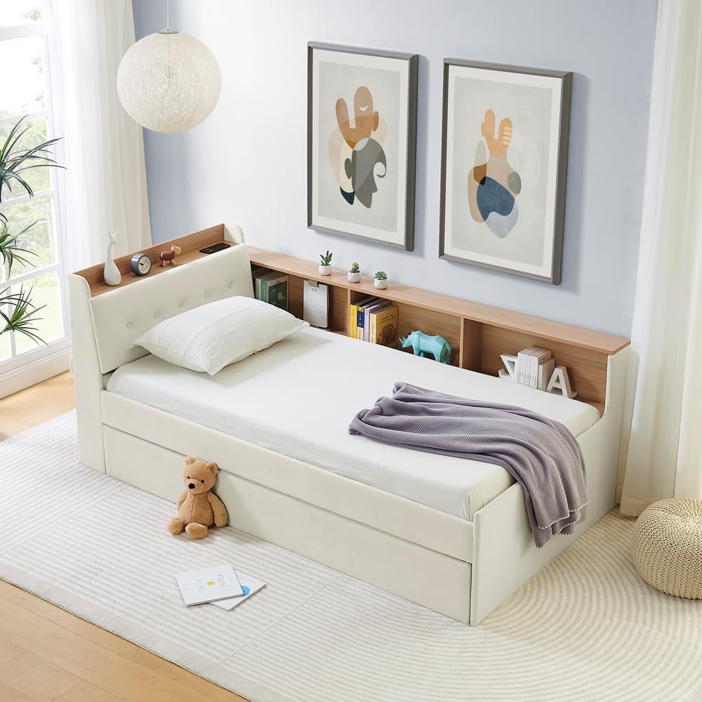 Corner Bed with Desk and Bookcase, LED Lights & USB Ports, Modern Twin to King Daybed with Pop Up Trundle, Velvet Upholstered Extendable Day Bed Kids Bedroom Furniture Set Small Places (Beige, Twin)