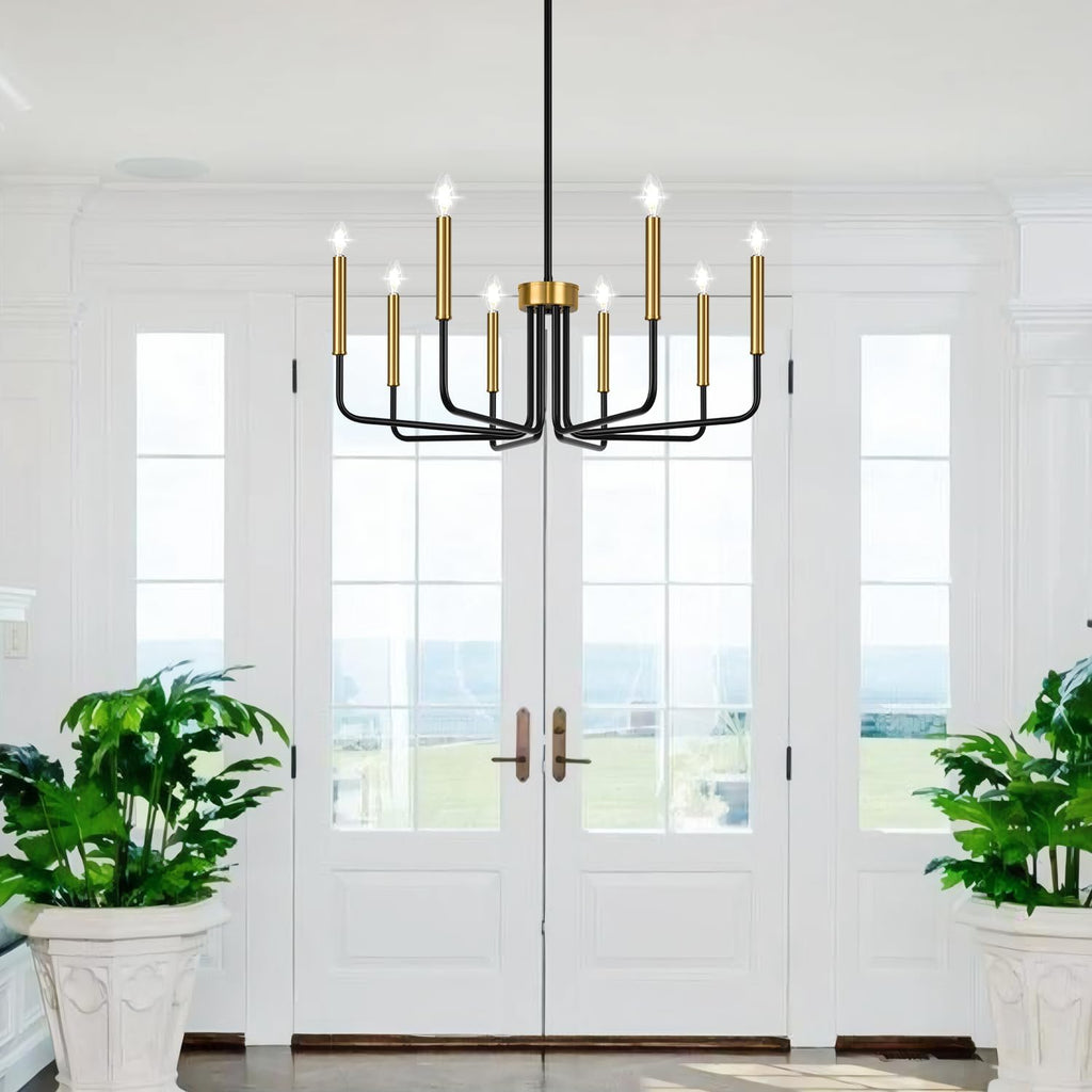 Lynnoland Black and Gold 8-Light Farmhouse Chandelier for Dining Room Lighting Fixtures Hanging, Vintage Candle Pendant Light Fixtures Chandelier for Bedroom, Foyer and Living Room