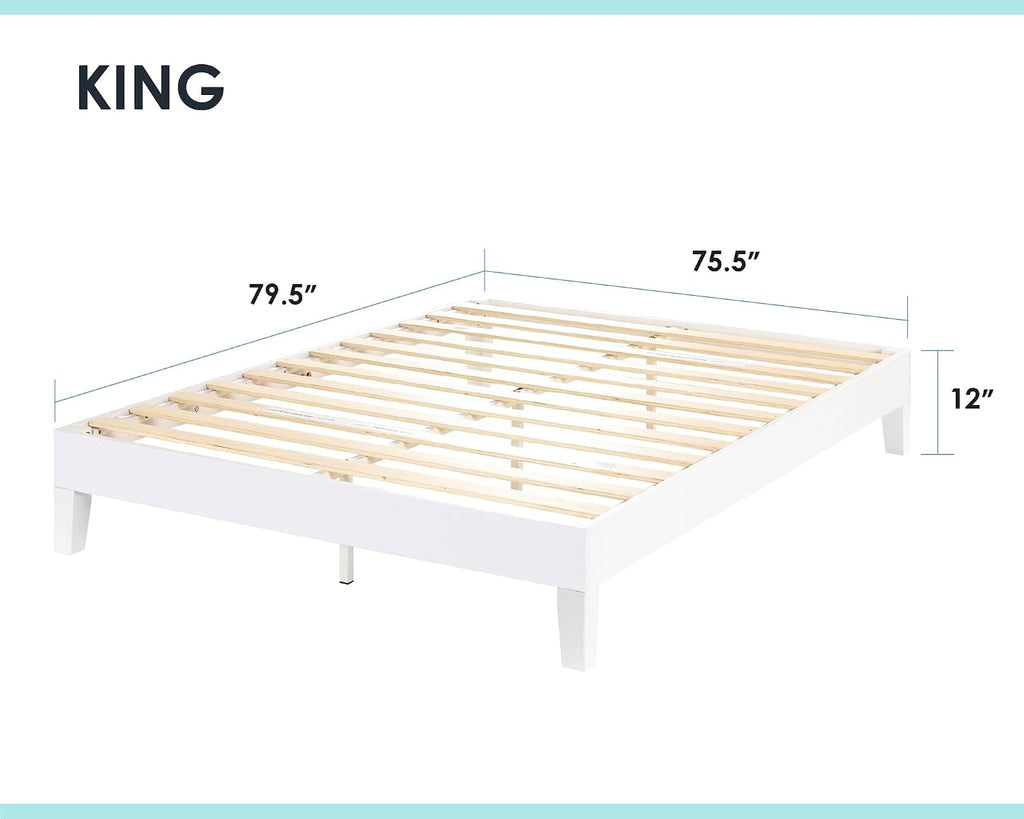 Mellow Naturalista Grand 12 Inch Solid Wood Platform Bed with Wooden Slats, Easy Assembly, Queen, White