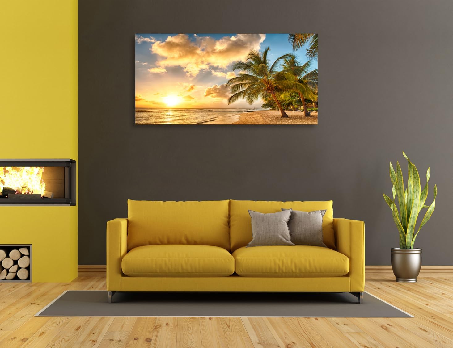 Wall Art Canvas Painting Golden Ocean Beach Palm Tree 1 Piece Sunset See Coconut Trees Landscape Picture Poster Print Framed and Stretched Ready to Hang for Living Room Bedroom Office Artwork