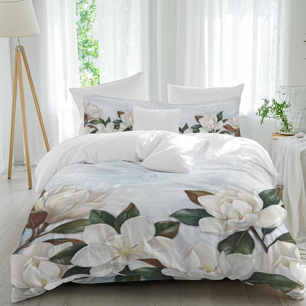 White Magnolia Duvet Cover Set Queen Size 4 Pieces Watercolor Flower Floral Plants Leaf Farmhouse Bedding Set with Zipper Closure, 1 Comforter Cover 92x106 Inches 1 Flat Sheet & 2 Pillow Cases