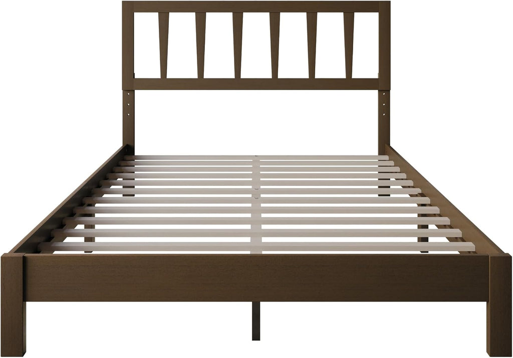 HOME DESIGN Elmira Twin Wood Platform Bed, Solid Wood Frame with Adjustable Height Headboard Leg, Easy Assembly, Brown Finish
