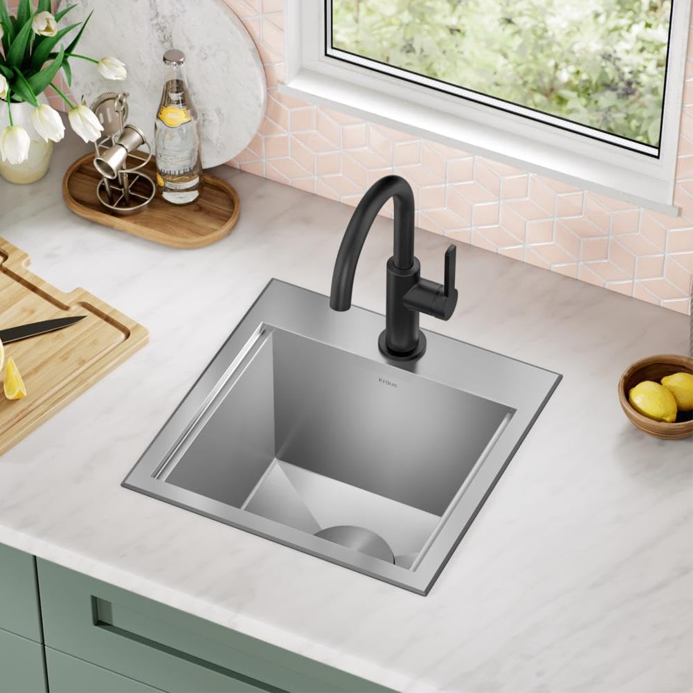 KRAUS Kore 15-Inch Drop In/Top Mount Workstation 16 Gauge Single Bowl Stainless Steel Bar Kitchen Sinks with Accessories