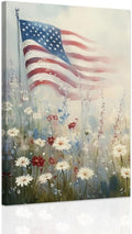 SWQYLB Patriotic Pictures Wall Decor American Flag Landscape Wall Art Floral Print Artwork Wildflower Painting Canvas Farmhouse Bedroom Home Decor Framed (28' x 42')