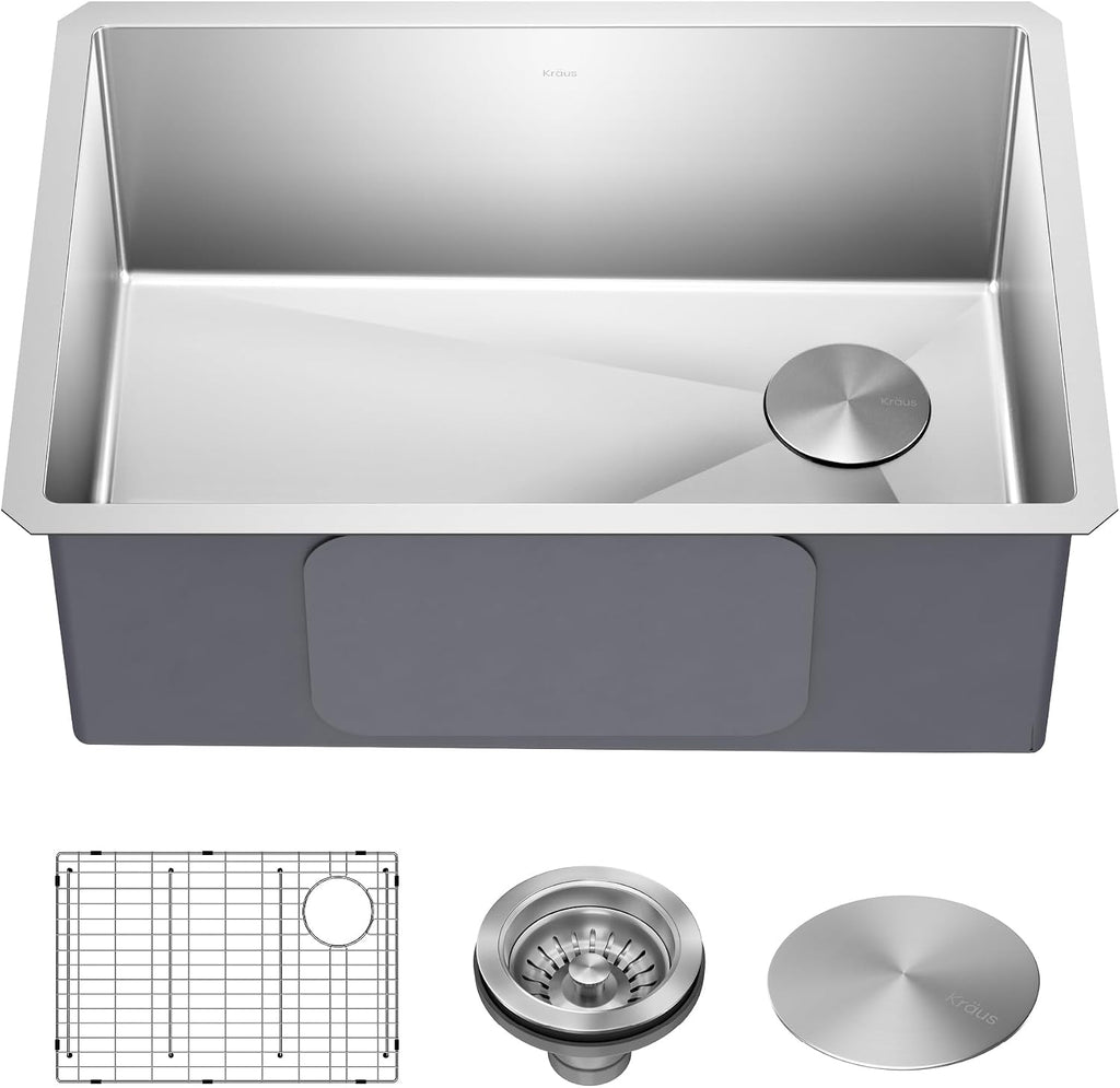Kraus KHU110-27 Standart PRO 27-inch 16 Gauge Undermount Single Bowl Set (5 Item Bundle: Sink, Bottom Grid, Assembly, Drain Cap, Kitchen Towel), 27 Inch, Stainless Steel