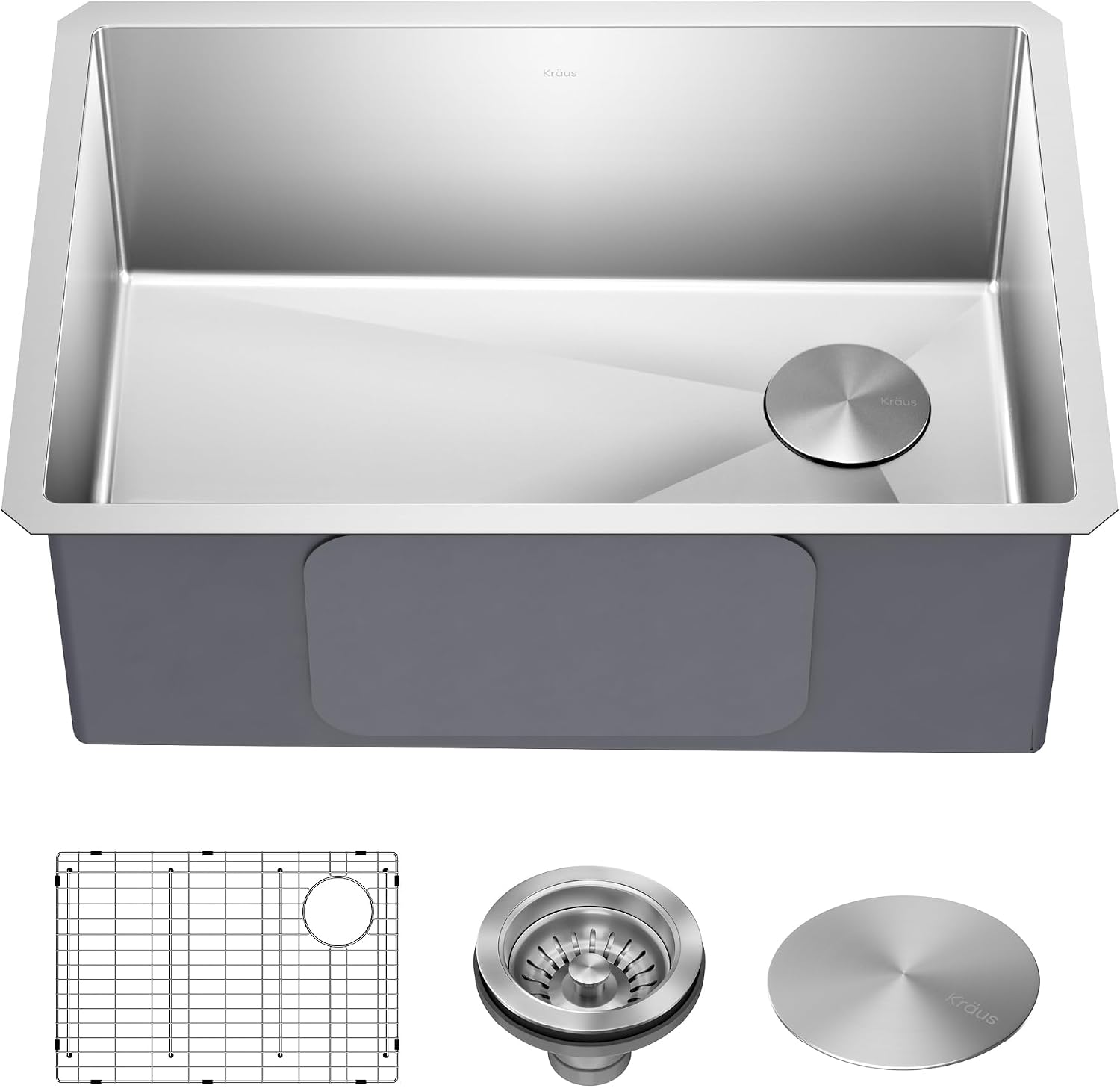 Kraus KHU110-27 Standart PRO 27-inch 16 Gauge Undermount Single Bowl Set (5 Item Bundle: Sink, Bottom Grid, Assembly, Drain Cap, Kitchen Towel), 27 Inch, Stainless Steel