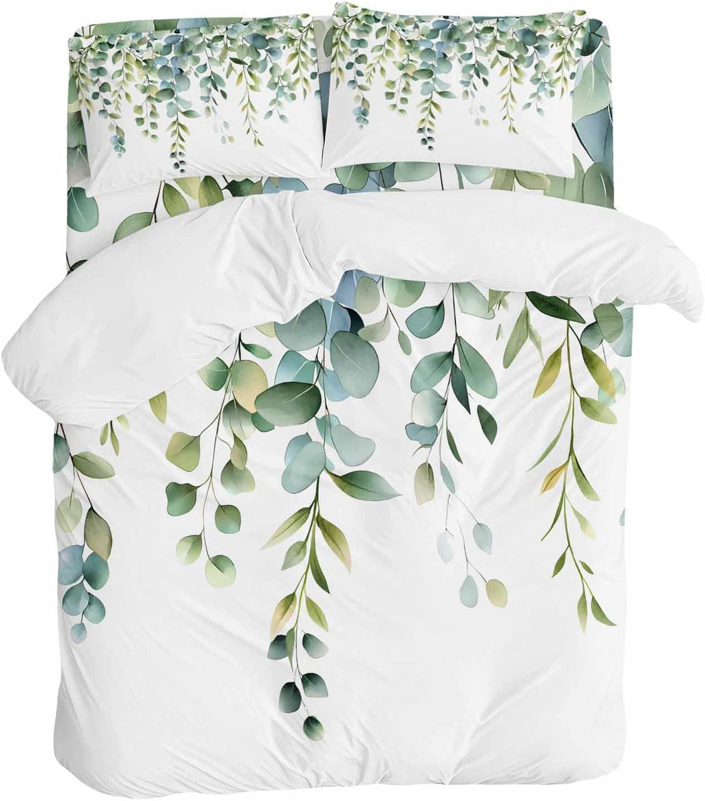 Prime Leader Green Leaves Duvet Cover Set Queen Size 4 Pieces Eucalyptus Leaf Watercolor Plant Botanical Bedding Set with Zipper Closure, 1 Comforter Cover 92x106 Inches 1 Flat Sheet & 2 Pillow Cases