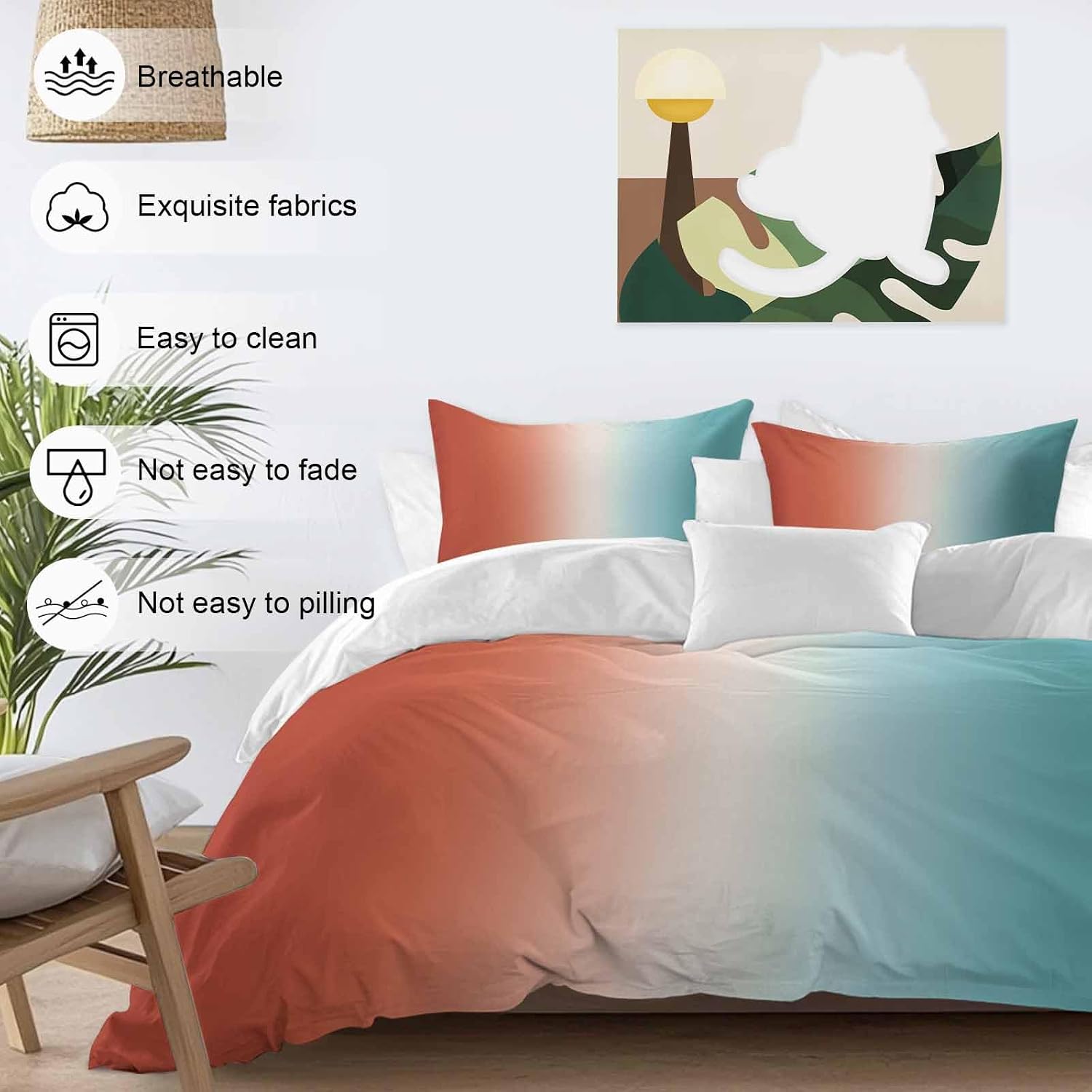 Gradient Orange Blue Duvet Cover Set Queen Size 4 Pieces Modern Abstract Minimalist Orange Ocean Beach Bedding Set with Zipper Closure, 1 Comforter Cover 90x92 Inches 1 Flat Sheet & 2 Pillow Cases