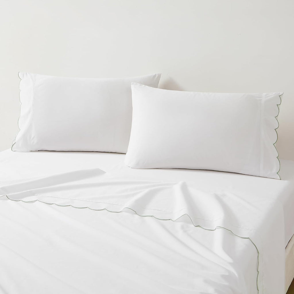 Lush Decor Coastal Chic Scalloped Edge Cotton Sheet Set 4 Piece Set Queen Sage - White Sheets - Scallop Trim - Bed Sheets - Coastal Decor