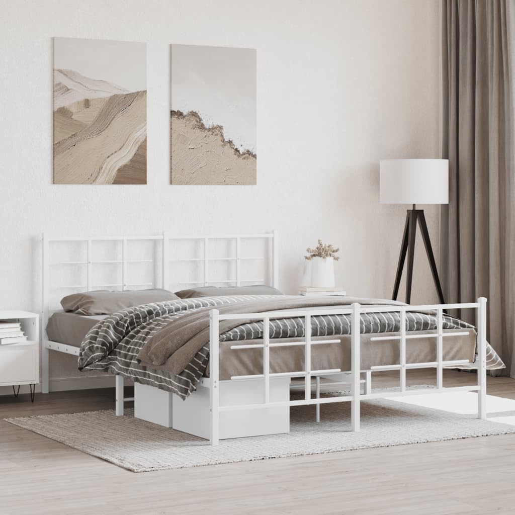White Steel King Bed Frame Modern Rectangular Heavy-Duty Metal Platform with Powder-Coated Finish for Stability and Easy Assembly, 4-Piece Set