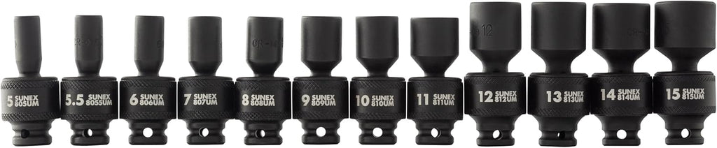 SUNEX TOOLS 1814, 1/4 Inch Drive Universal Impact Socket Set, 12-Piece, Metric, 5mm - 15mm, Cr-Mo Steel, Radius Corner Design, Chamfered Opening, Dual Size Markings, Heavy Duty Storage Case