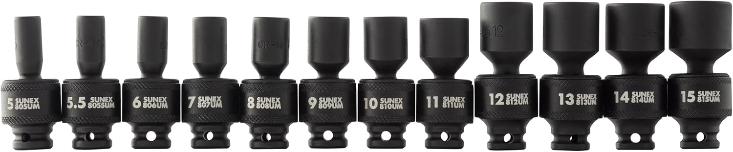 SUNEX TOOLS 1814, 1/4 Inch Drive Universal Impact Socket Set, 12-Piece, Metric, 5mm - 15mm, Cr-Mo Steel, Radius Corner Design, Chamfered Opening, Dual Size Markings, Heavy Duty Storage Case