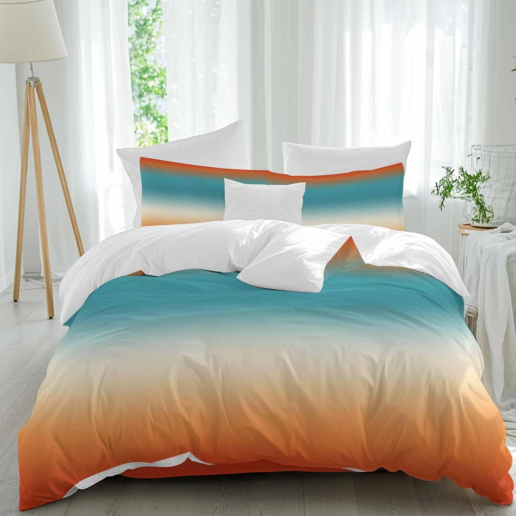 Bohemian Gradient Blue Duvet Cover Set Queen Size 4 Pieces Modern Minimalist Red Orange Ocean Beach Bedding Set with Zipper Closure, 1 Comforter Cover 90x92 Inches 1 Flat Sheet & 2 Pillow Cases