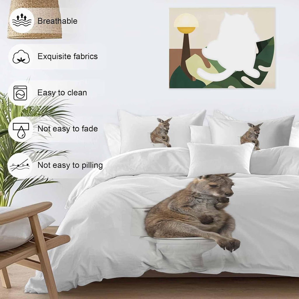Kangaroo Sitting on The Toilet Thinking Duvet Cover Set Queen Size 4 Pieces Abstract Funny Animal Bedding Set with Zipper Closure, 1 Comforter Cover 86x86 Inches 1 Flat Sheet & 2 Pillow Cases