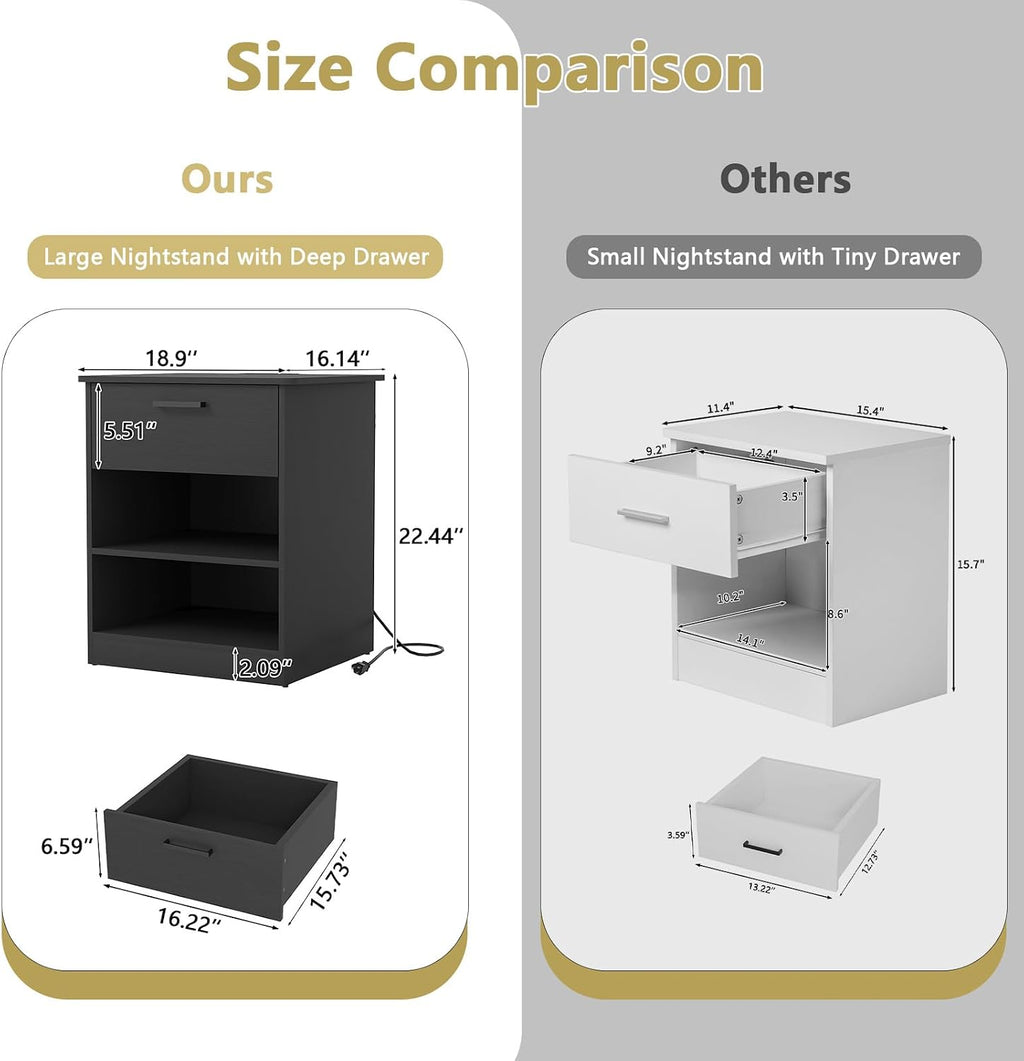 Spaco Black Nightstand Set of 2 with Charging Station,Modern Night Stand Set with 2 Drawers and Open Shelf,Bedside Tables with Storage for Bedroom, End Side Tables for Living Room