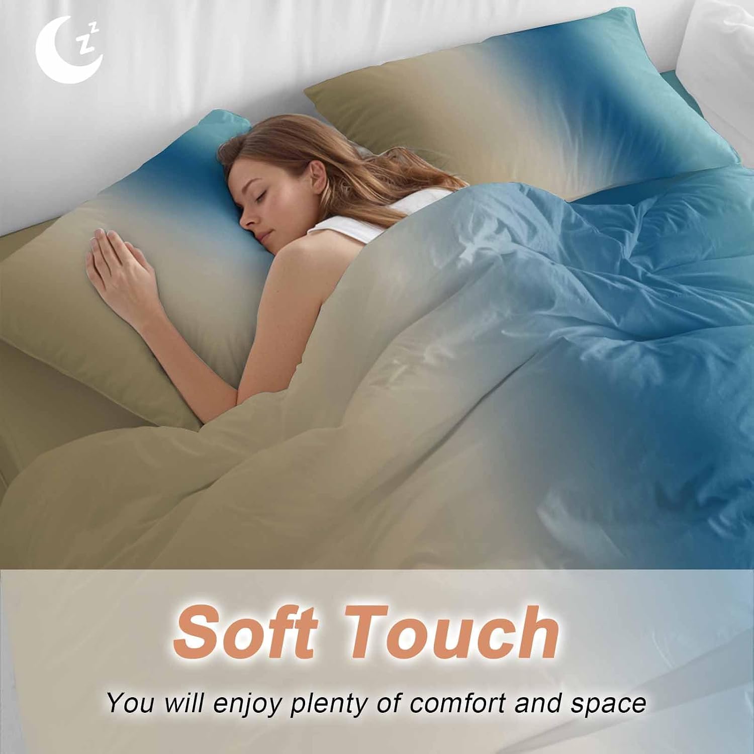Gradient Brown Blue Duvet Cover Set Queen Size 4 Pieces Modern Abstract Minimalist Beige Ocean Beach Bedding Set with Zipper Closure, 1 Comforter Cover 92x106 Inches 1 Flat Sheet & 2 Pillow Cases