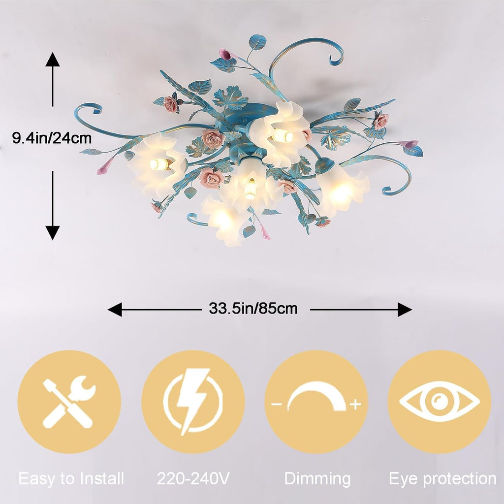 Flower Chandelier Ceiling Light,5-Light Pink Ceramic Rose Ceiling Lamp with Glass Lampshade,Flush Mount Ceiling Light Fixture for Living Room,Bedroom,Dinning Room,Hallway,Kitchen,Turquoise.