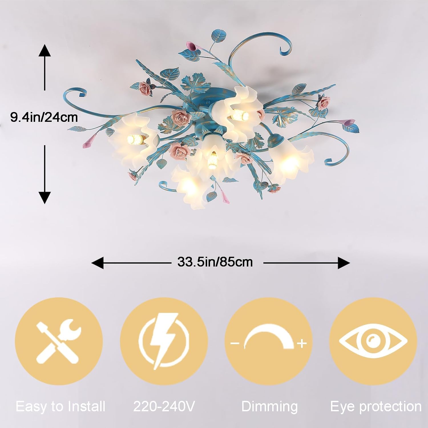 Flower Chandelier Ceiling Light,5-Light Pink Ceramic Rose Ceiling Lamp with Glass Lampshade,Flush Mount Ceiling Light Fixture for Living Room,Bedroom,Dinning Room,Hallway,Kitchen,Turquoise.
