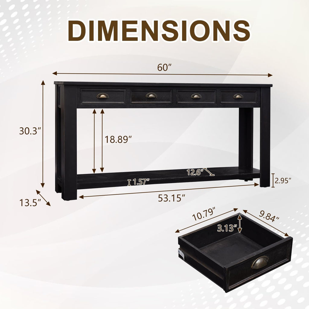 kinbor Long Sofa Table - Black 60 Inch Console Tables for Living Room, Hallway Table with 4 Drawers, Modern Wood Entryway Table with Storge Shelf