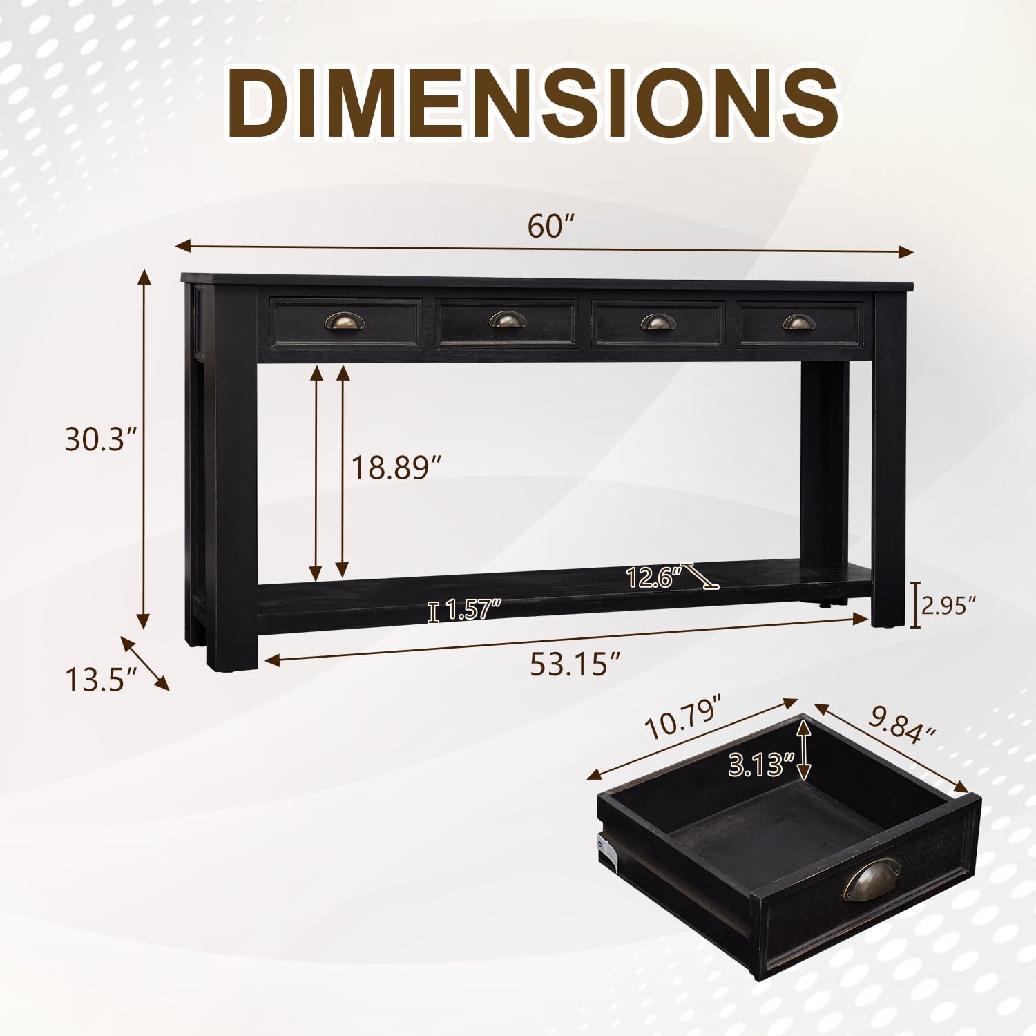 kinbor Long Sofa Table - Black 60 Inch Console Tables for Living Room, Hallway Table with 4 Drawers, Modern Wood Entryway Table with Storge Shelf