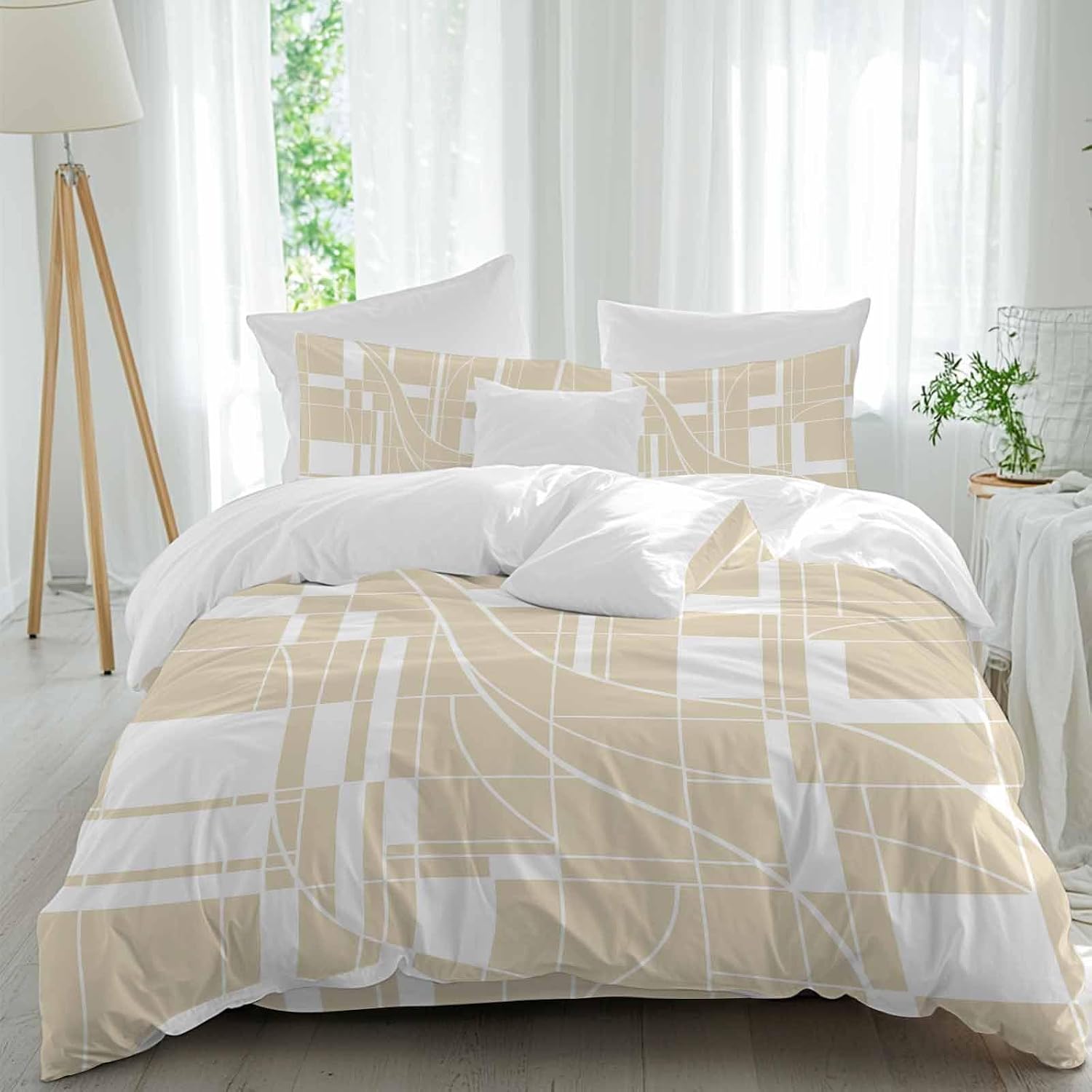 Prime Leader Lines Duvet Cover Set Queen Size 4 Pieces Abstarct Geometric White Lines Plaid Light Brown Bedding Set with Zipper Closure, 1 Comforter Cover 92x106 Inches 1 Flat Sheet & 2 Pillow Cases