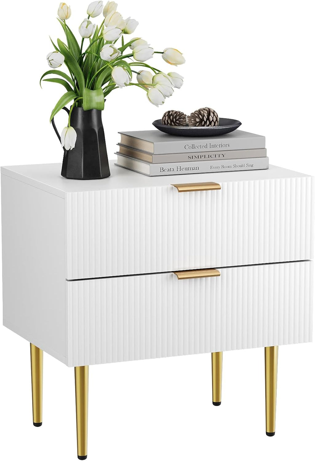 Semiocthome White Nightstand Set of 2, Mid Century Modern Night Stand with 2 Wave Fluted Panel Drawers, Bedside Table with Gold Metal Legs, Wide Tabletop Bed Side Table, End Tables for Living Room