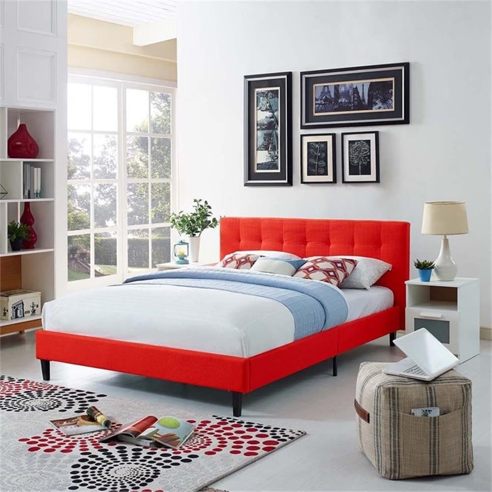 Pemberly Row Set of 2 Full Bed in Atomic Red and Nightstand in Walnut/White