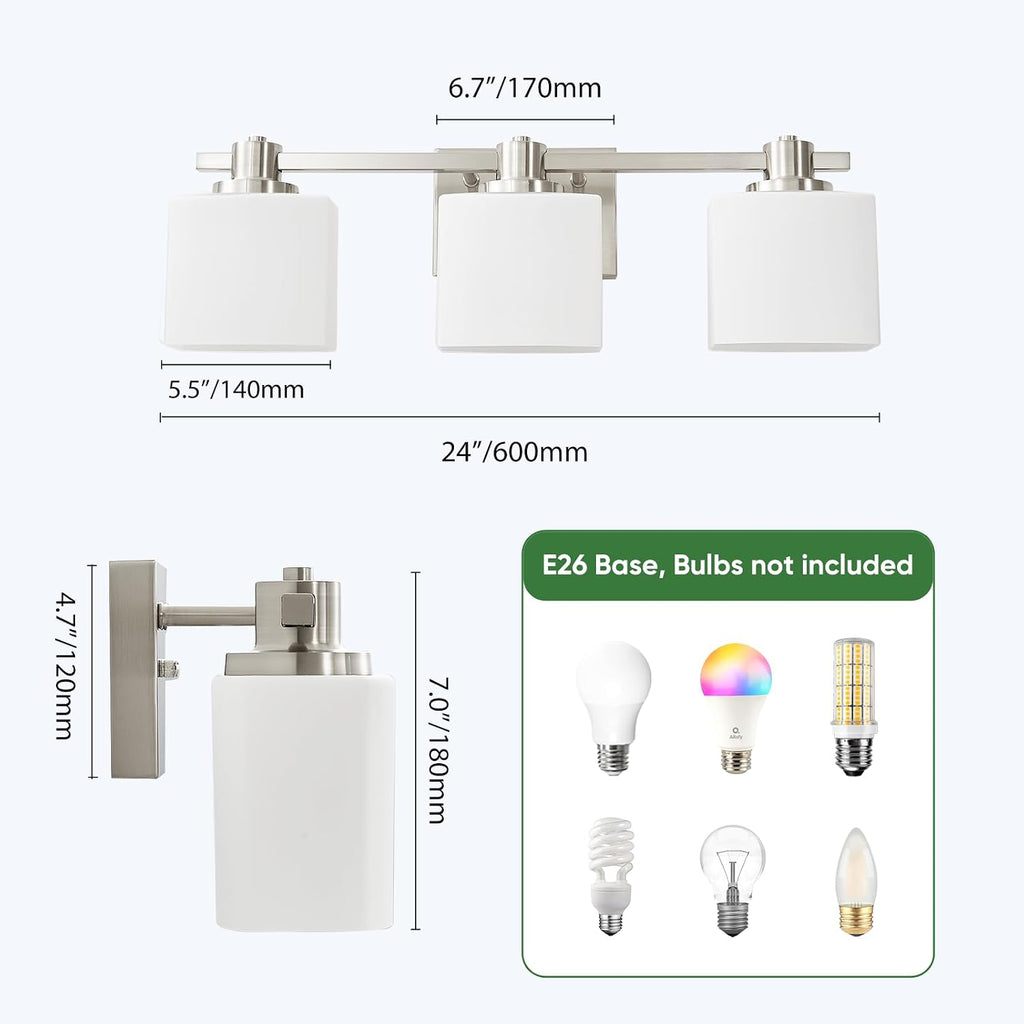 Bathroom Light Fixtures Over Mirror Bathroom Vanity Light Silver Modern Industrial Makeup Lighting Wall Sconce Farmhouse Rustic Milk Glass Lamp Desk Sink (Brushed Nickel, 24 Inch, 3 Light)