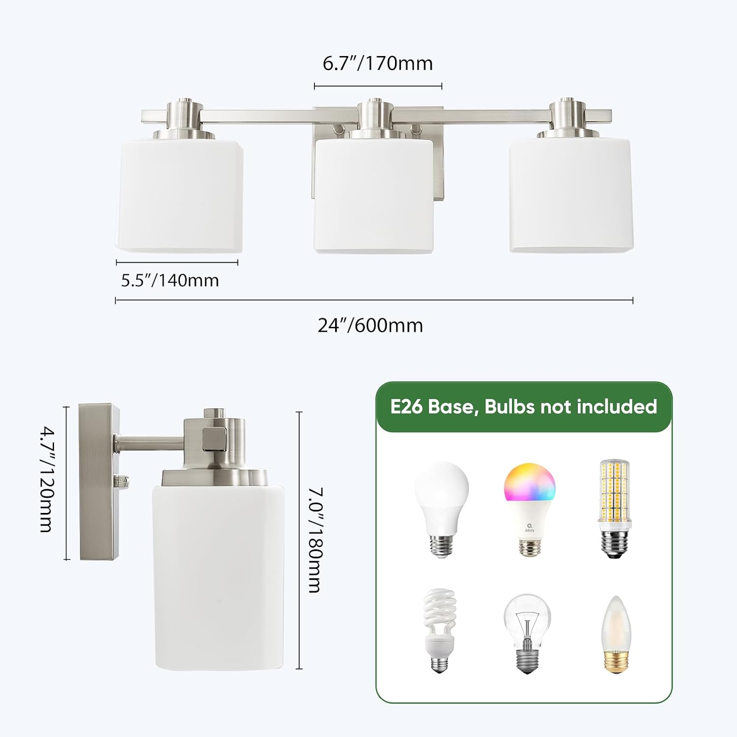 Bathroom Light Fixtures Over Mirror Bathroom Vanity Light Silver Modern Industrial Makeup Lighting Wall Sconce Farmhouse Rustic Milk Glass Lamp Desk Sink (Brushed Nickel, 24 Inch, 3 Light)