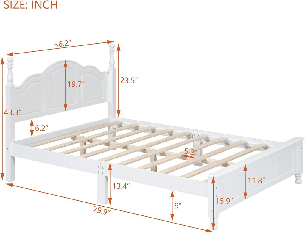 Full Size Bed Frame, Solid Wood Foundation, Classic Wood Platform Bed Frame, No Box Spring Needed, Strong Wooden Slats Support, Full, White