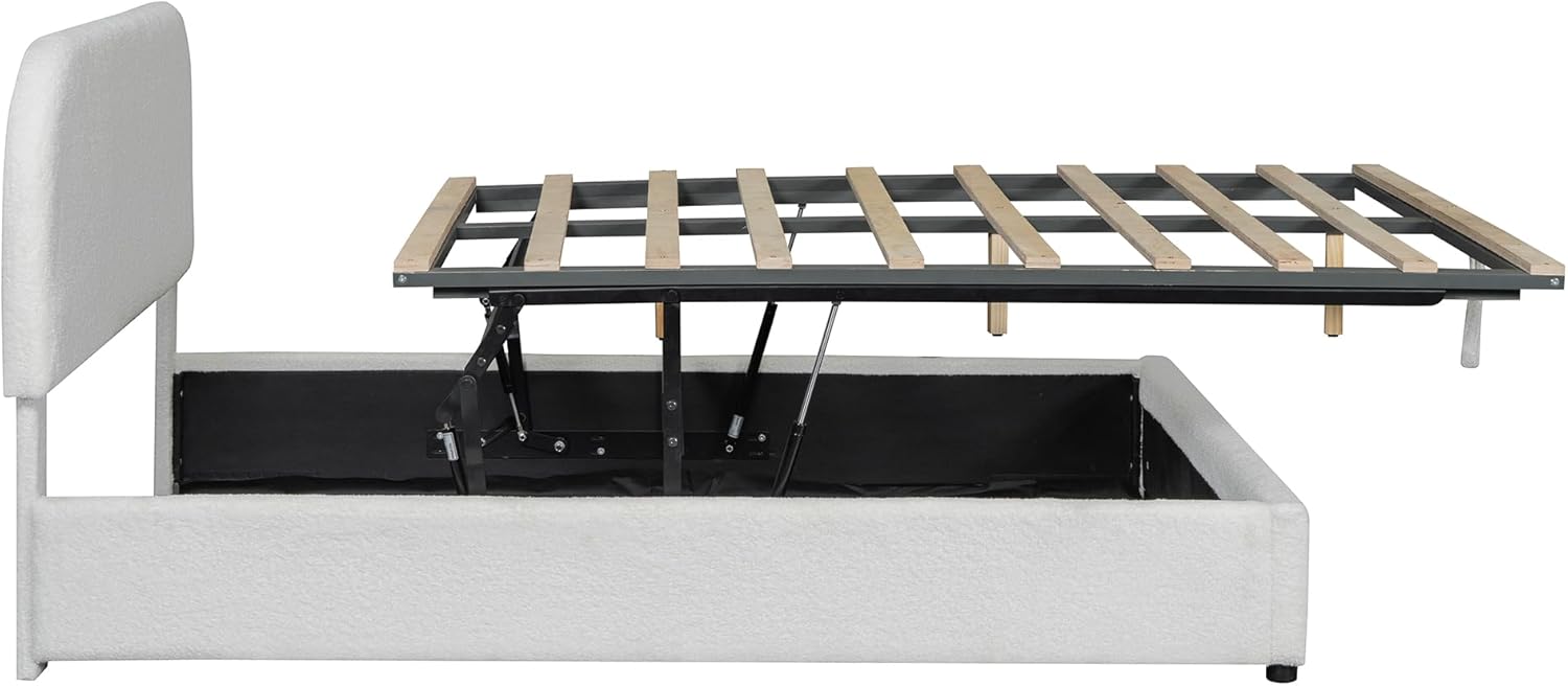 Upholstered Platform Bed with Hydraulic Storage System and Curved Shaped Headboard, Full Size Wood Bed Frame for Kids Adults Bedroom Furniture, Teddy Fleece Thick Upholstered Bed Grounded Bed