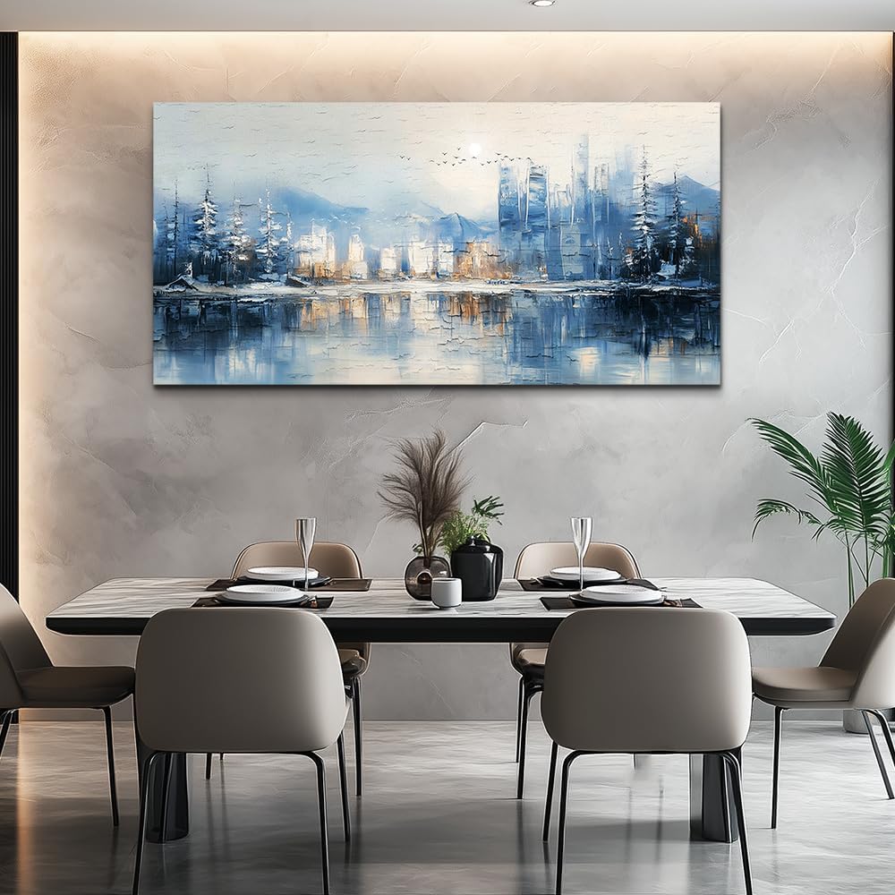 QIYILEXWART Canvas Wall Art For Living Room Large Wall Decor For Office Bedroom Decorations The Blue Lake Pictures Stretched And Framed Watercolour Abstract Painting Artwork Room Ready To Hang