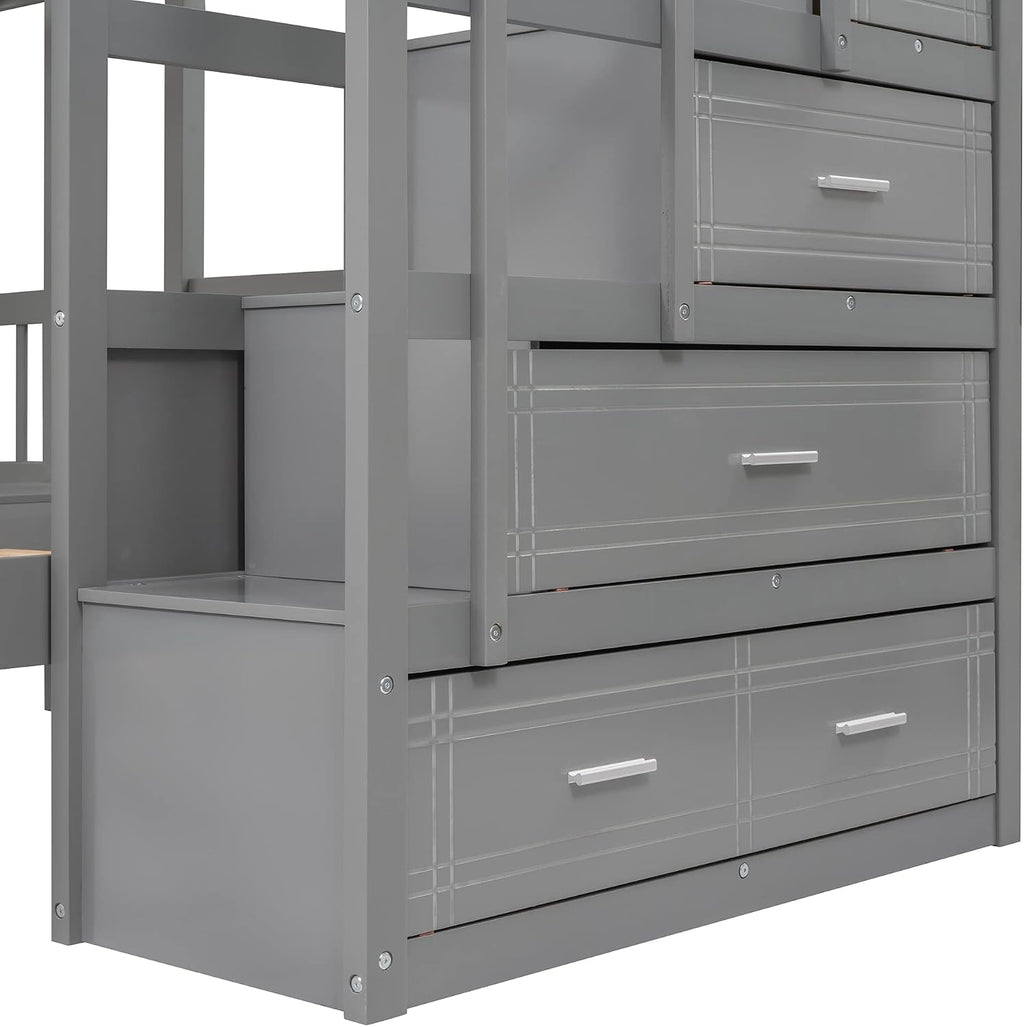 VilroCaz Upgraded Version Full Over Twin & Twin Bunk Bed, Solid Wood Triple Bunk Bed with Storage Drawers and Staircase, Strong Sturdy Bunk Bed Frame with Guardrails for Kids Teens Aldults (Gray-U)