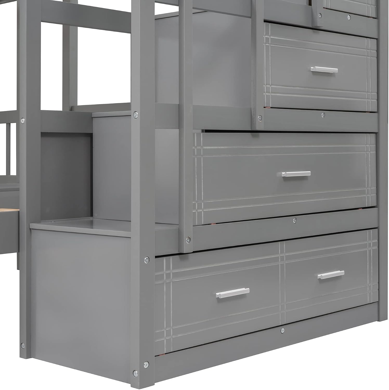 VilroCaz Upgraded Version Full Over Twin & Twin Bunk Bed, Solid Wood Triple Bunk Bed with Storage Drawers and Staircase, Strong Sturdy Bunk Bed Frame with Guardrails for Kids Teens Aldults (Gray-U)