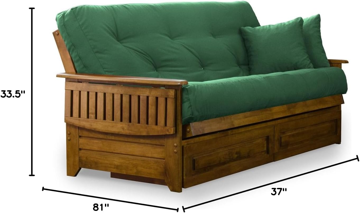 Nirvana Futons Brentwood Tray Arm Futon Frame, Drawers, and Hunter Green Mattress Set - Full, Rich Heritage Finish
