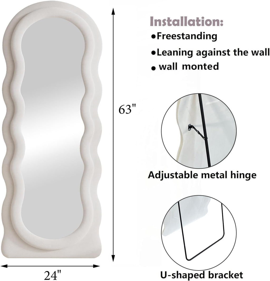 Dewfig Full Length Mirror, 63' x 24'Irregular Wavy Mirror, Large Floor Length Mirrors Wall Mounted, Standing Wavy Mirrors with Flannel Wrapped Wooden Frame for Bedroom/Living Room, White