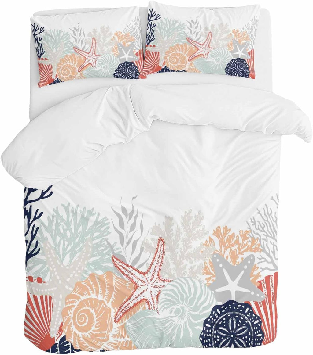Summer Marine Life Duvet Cover Set Queen Size 4 Pieces Ocean Gray Coral Coastal Starfish Conch Bedding Set with Zipper Closure, 1 Comforter Cover 92x106 Inches 1 Flat Sheet & 2 Pillow Cases