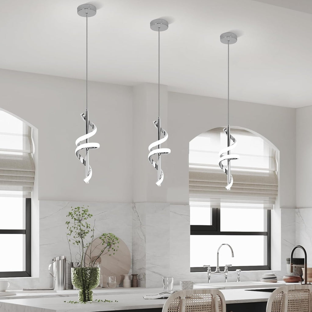 Spiral Led Pendant Light Fixtures, 5500K Cold White Modern Led Pendant Lamp Kitchen Island, Adjustable Height Kitchen Island Lights Fixtures for Dining Room Kitchen Bedroom Cafe, 3 Packs