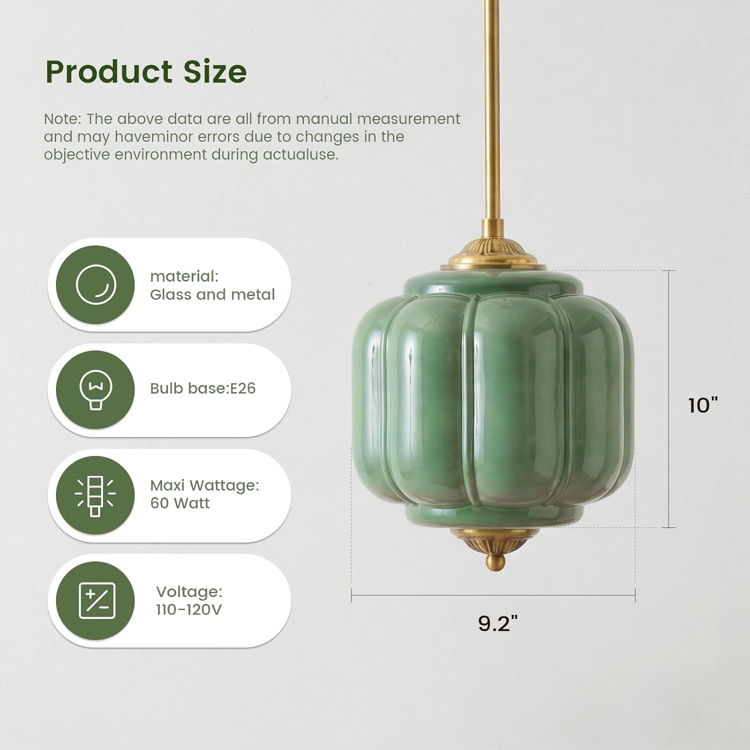 Milk Glass Ceiling Light Fixture - Antique Brass Semi Flush Mount Pendant Light for Kitchen, Hallway, and Bedroom (Green, 9 inch)