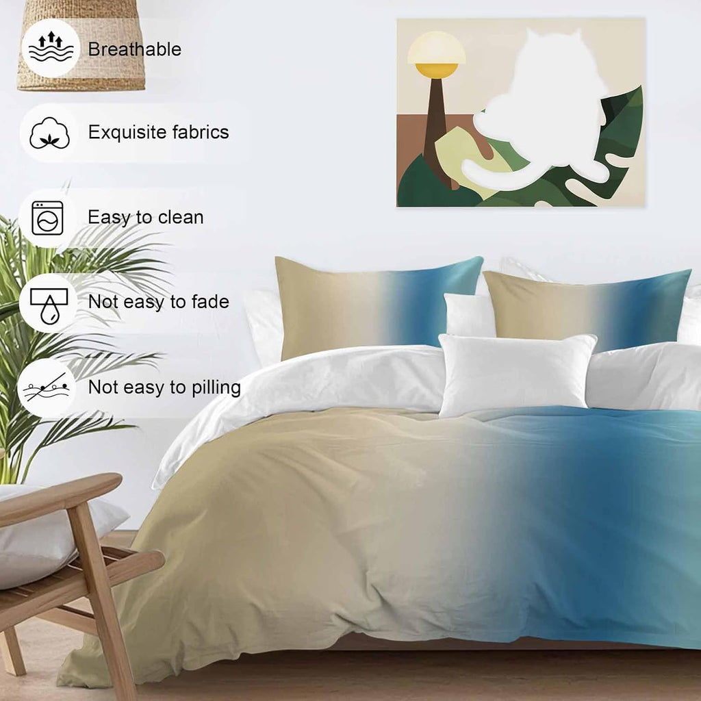 Gradient Brown Blue Duvet Cover Set Queen Size 4 Pieces Modern Abstract Minimalist Beige Ocean Beach Bedding Set with Zipper Closure, 1 Comforter Cover 86x86 Inches 1 Flat Sheet & 2 Pillow Cases