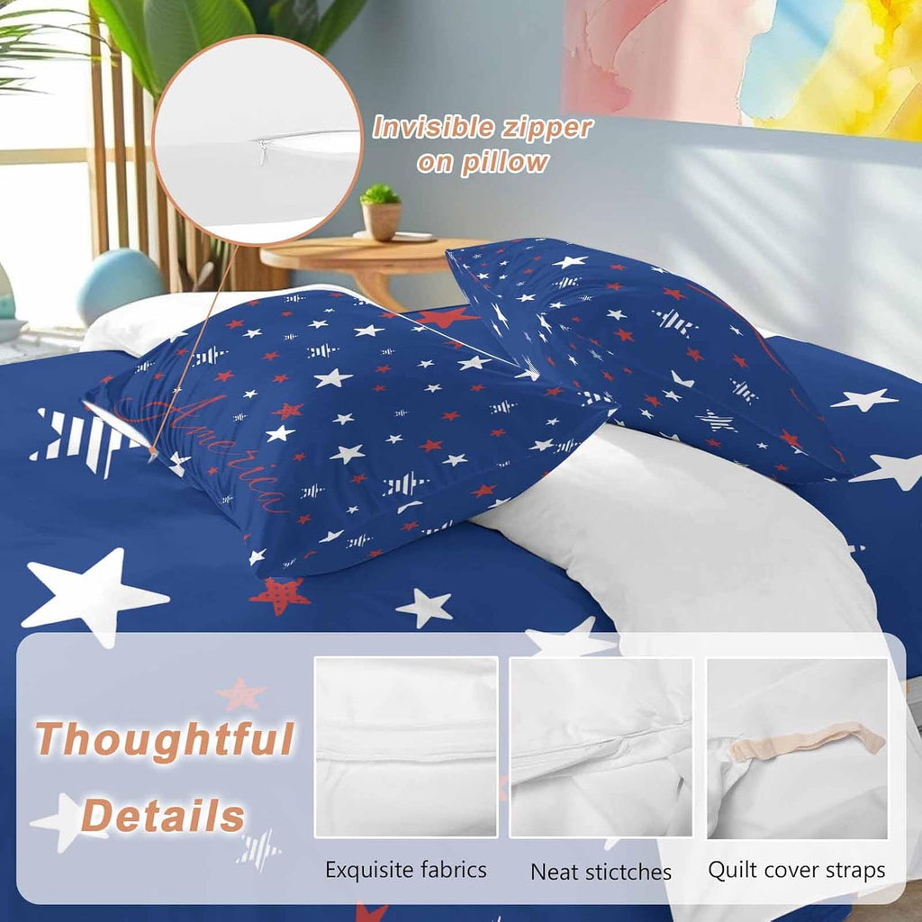 Independence Day Duvet Cover Set Queen Size 4 Pieces Blue White Pentagram America Blue Background Bedding Set with Zipper Closure, 1 Comforter Cover 92x106 Inches 1 Flat Sheet & 2 Pillow Cases