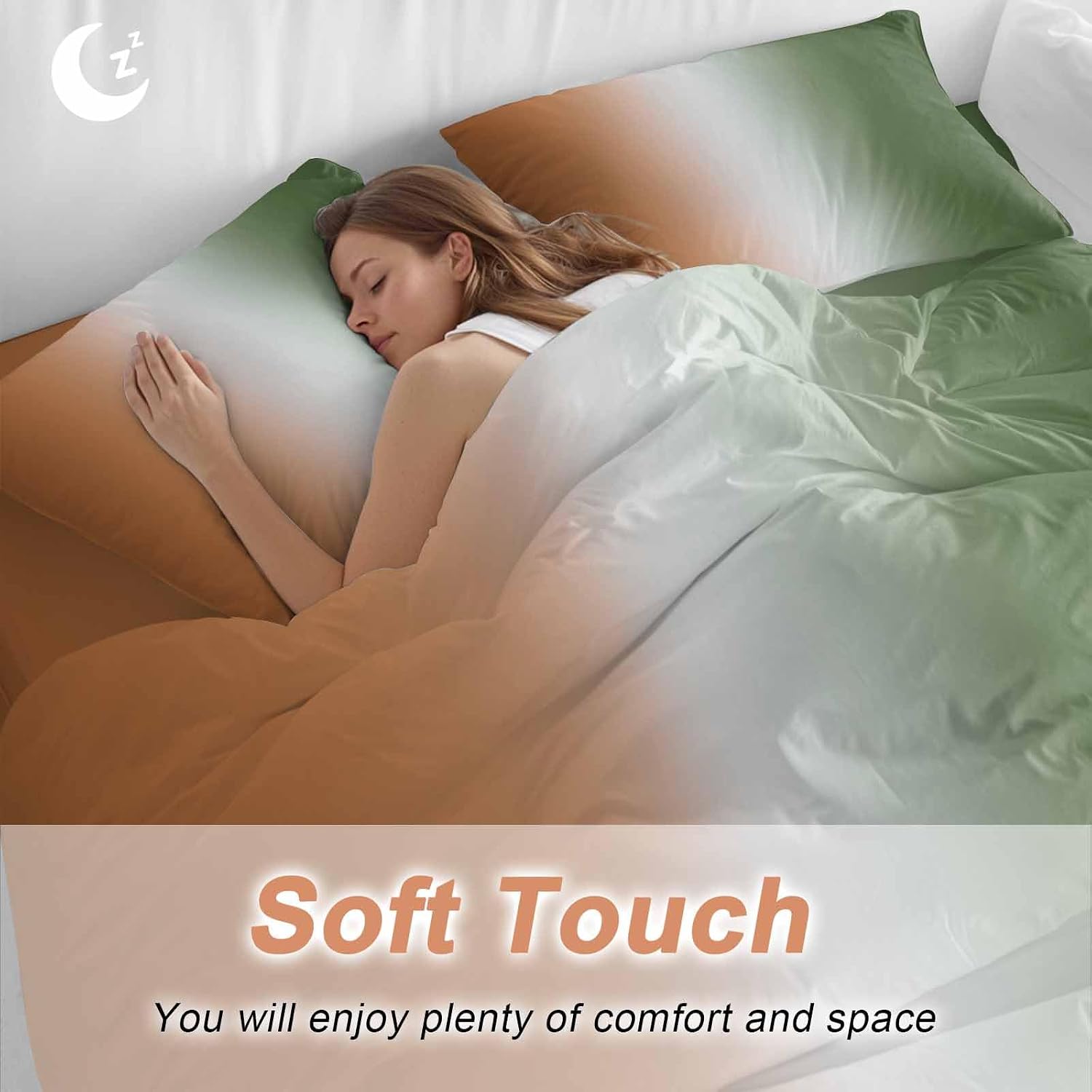 Gradient Sage Green Duvet Cover Set Queen Size 4 Pieces Modern Minimalist Sage Green Orange Ocean Beach Bedding Set with Zipper Closure, 1 Comforter Cover 90x92 Inches 1 Flat Sheet & 2 Pillow Cases