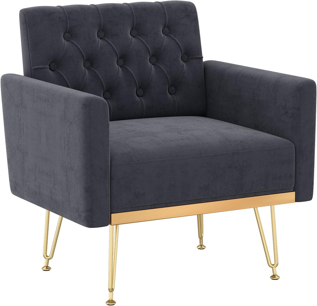 Olela Accent Chair with Arm for Living Room, Velvet Modern Armchair Single Sofa Cozy Tufted Upholstered Reading Side Chairs with Gold Metal Leg for Bedroom Decorate