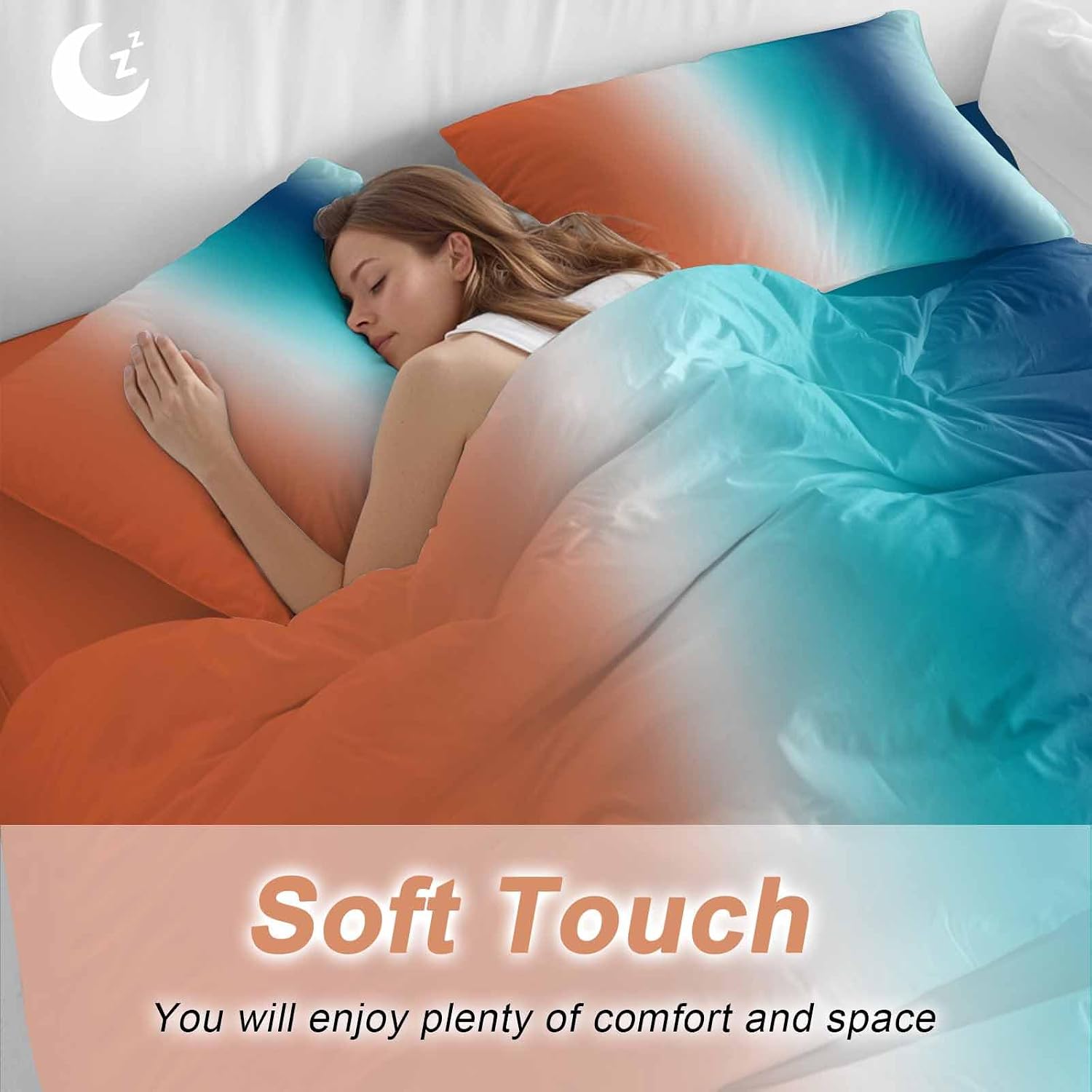 Gradient Orange Teal Duvet Cover Set Queen Size 4 Pieces Modern Abstract Minimalist Blue Ocean Beach Bedding Set with Zipper Closure, 1 Comforter Cover 86x86 Inches 1 Flat Sheet & 2 Pillow Cases