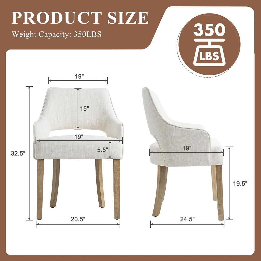 Farmhouse Upholstered Dining Chairs Set of 2, Linen Fabric Dining Room Chairs with Arms, Solid Wood Kitchen Side Chairs for Dining Living Room Bedroom, Upgraded Size, Cream