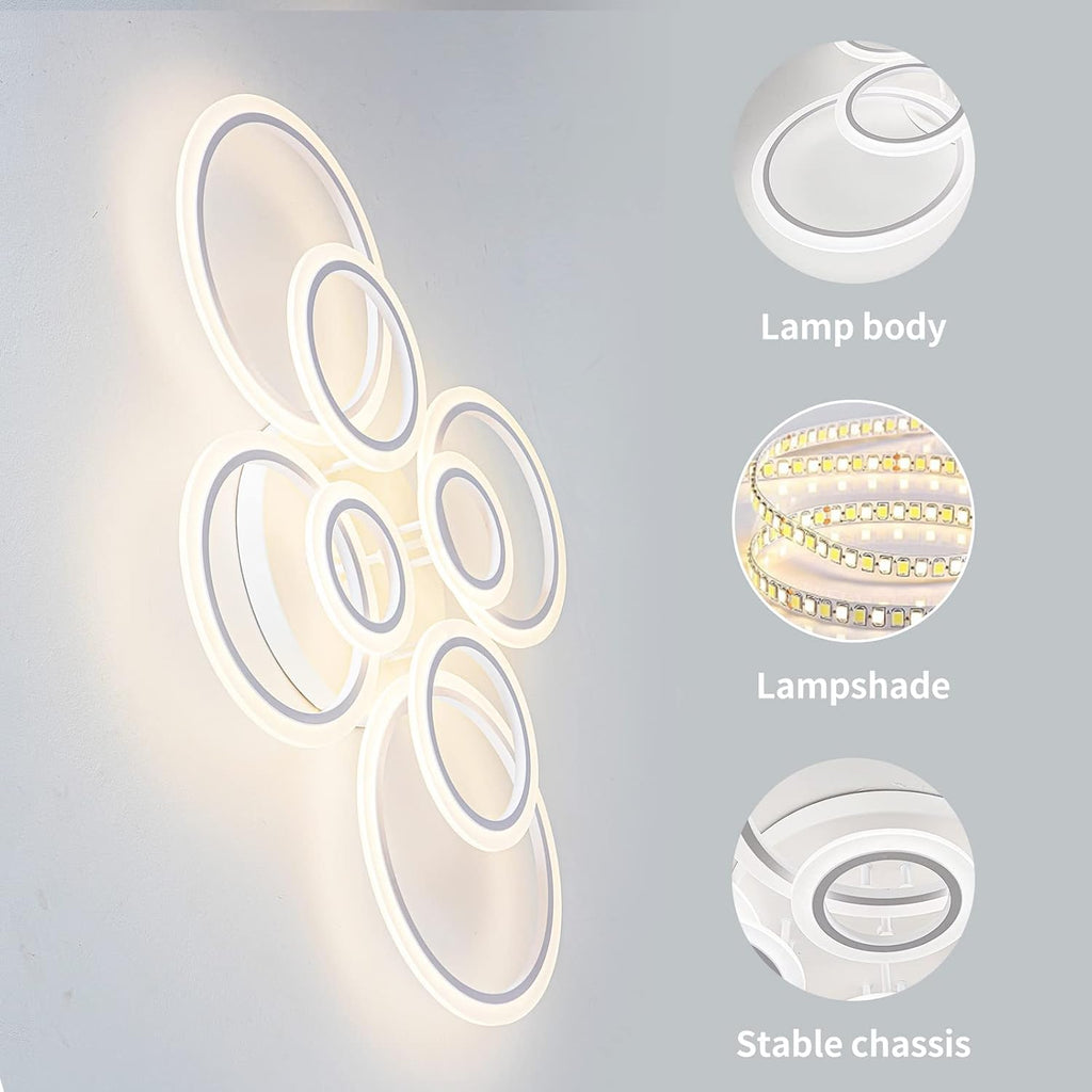 Shine LUEST Modern LED Ceiling Light, Dimmable LED Chandelier Flush Mount Ceiling Lights, Remote Control Acrylic Ring Ceiling Lamp Fixture for Living Room Dining Room Bedroom (White, 8 Rings)
